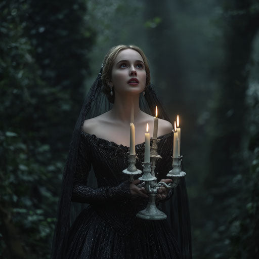 Young woman in a dark forest holding candles
