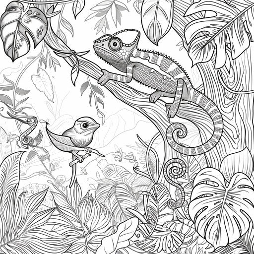 Playful chameleon with other jungle animals.