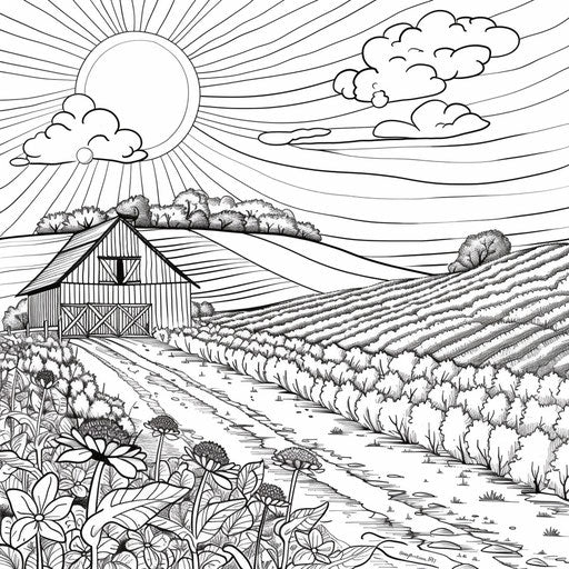 Sunrise over a peaceful countryside with a barn and fields