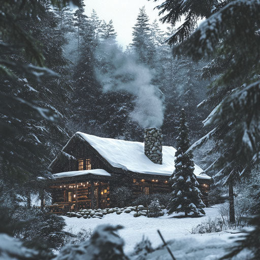 Cozy cabin in snowy woods