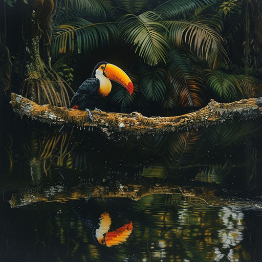 Tranquil moment with a toucan resting on a gnarled branch over a quiet lagoon