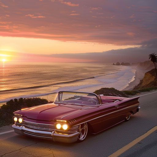 1967 Chevy Bel Air transformed into sleek roadster on Pacific Coast Highway at sunset
