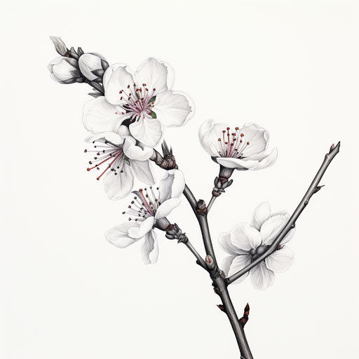 Black and white apricot blossom drawing, minimalist style