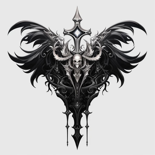 Black and white arrow and sling wing design, antichrist style, San Francisco renaissance