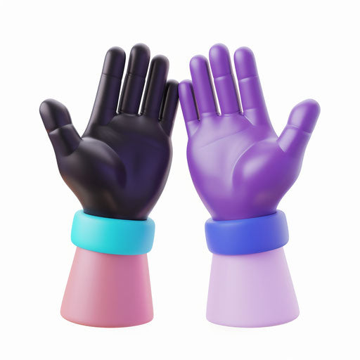 3D icon of two hands high five, one black and the other purple