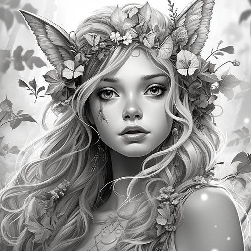 Fairy coloring pages in black and white, in the style of Alena Aenami, Bella Kotak, ornamental