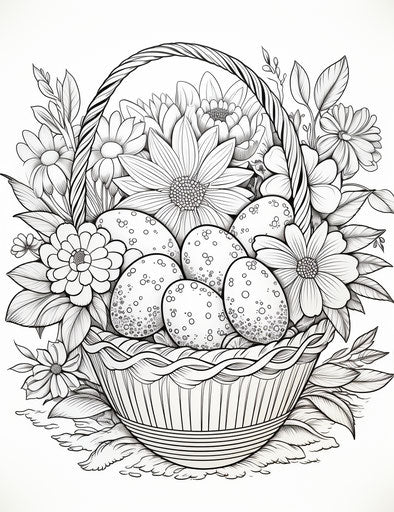 Easter basket coloring page with Easter eggs, ornate simplicity style