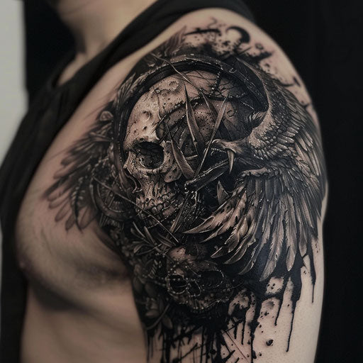 Dark fantasy themed shoulder tattoos for men