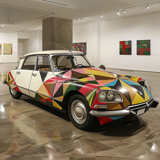 Minimalist Citroen DS 20 art car with abstract geometric patterns in an art gallery