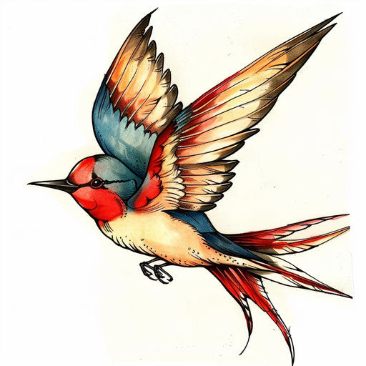 Retro-style swallow tattoo design with vintage colors and shading on white background