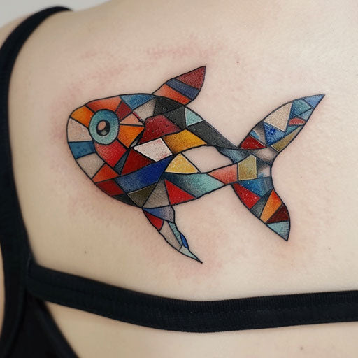 Colorful mosaic fish tattoo on white background