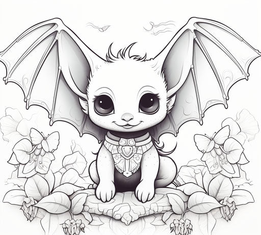 Illustrated baby girl coloring page of a cute bat