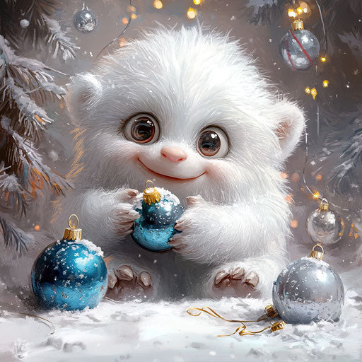 A baby yeti's first Christmas, causing chaos with shiny baubles and tinsel.