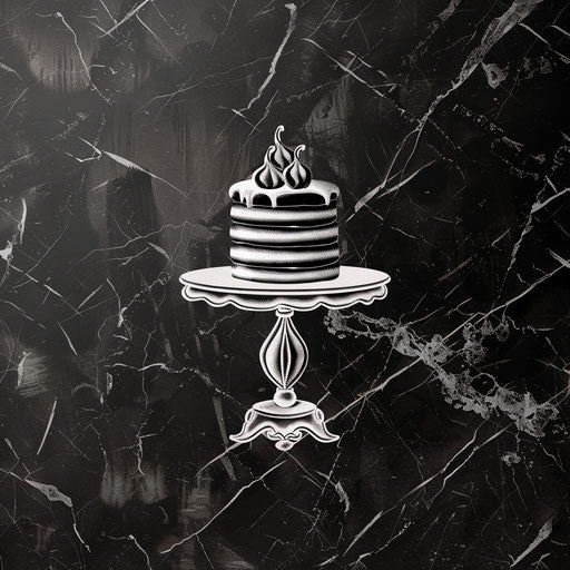 Luxury bakery logo with silver cake stand on black marble background