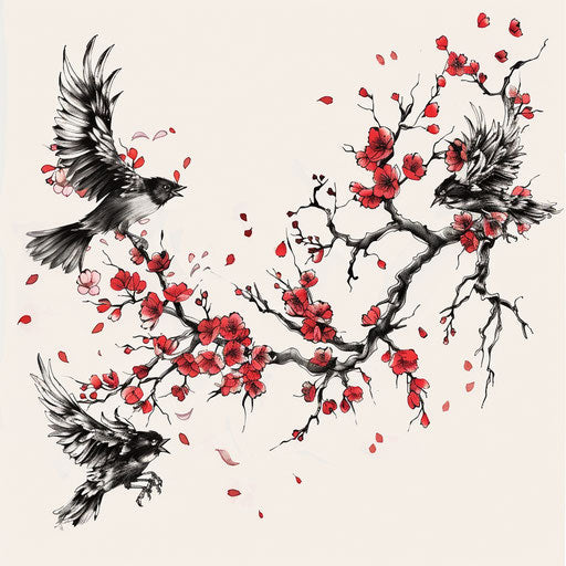 Flat tattoo sketch of a surreal sakura branch with blossoms transforming into birds