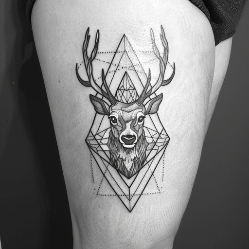 Intricate geometric deer tattoo in black and gray
