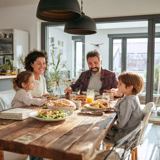 A happy family enjoys a meal together