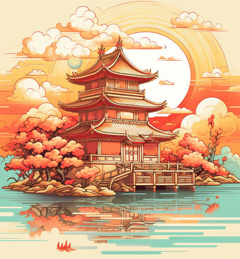Illustration of Chinese Buddhist temple in geometric style