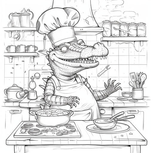 A crocodile chef in the kitchen
