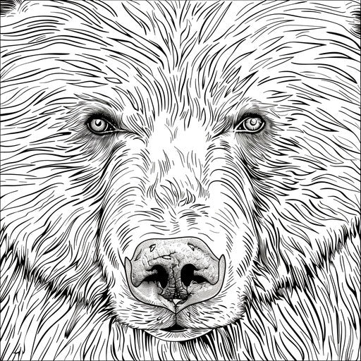 Expressive brown bear face, coloring book page