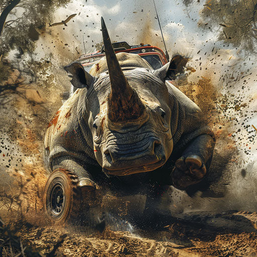 Rhino in rally race with high-speed vehicle