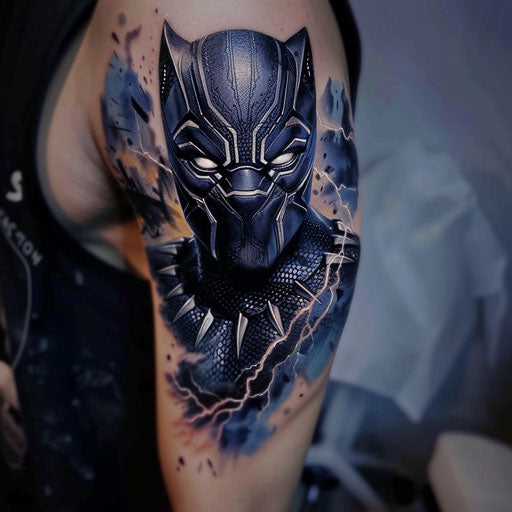Black panther tattoo with lightning effect, radiating power, on a stormy white background.