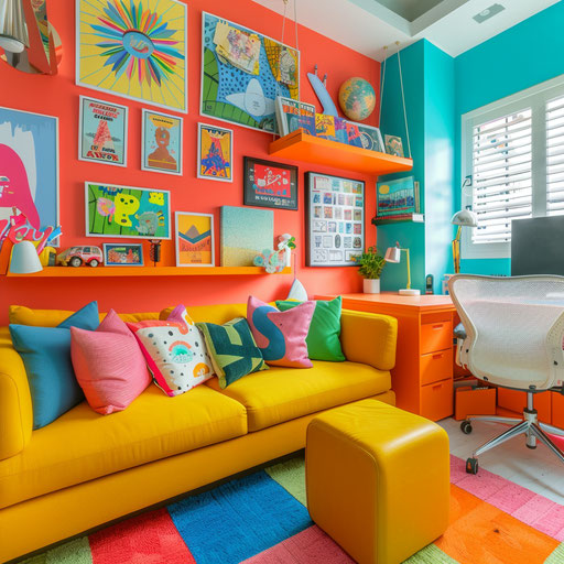 Lively and colorful home office area with motivational posters