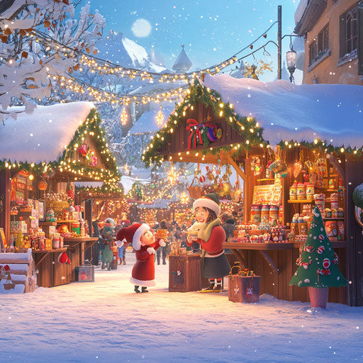Animated Christmas market with hot chocolate stalls and magical items