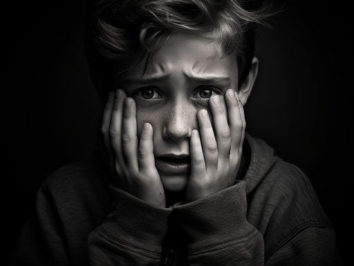 Boy crying in grainy noir style, photo-realistic 4:3