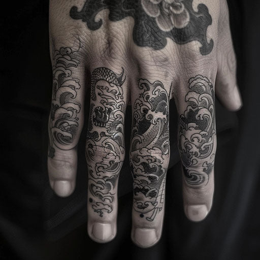 Ring finger tattoos with Japanese influences, in the style of Ami James