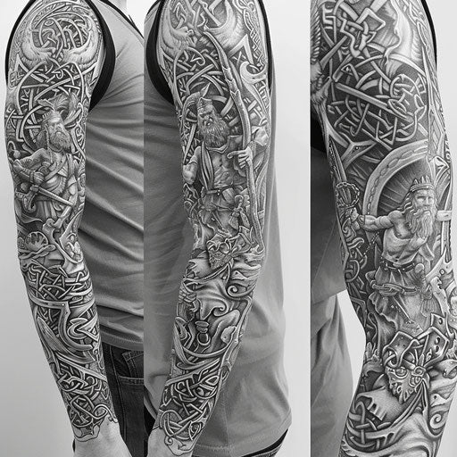Celtic mythology sleeve tattoo in the style of Glenn Fabry
