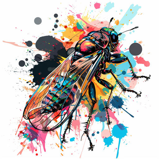 Abstract sketch of a cicada with color splashes and creative shapes