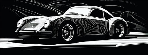 Black and white sports car drawing, stencil-based style, rich 46:17