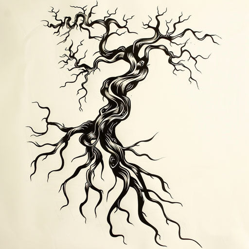 Stylized flat tattoo sketch of gnarled tree roots
