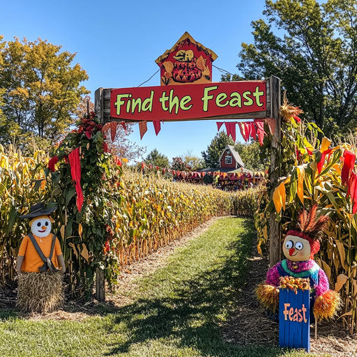Whimsical corn maze entrance with fall banners, scarecrows, and a sign saying 'Find the Feast'