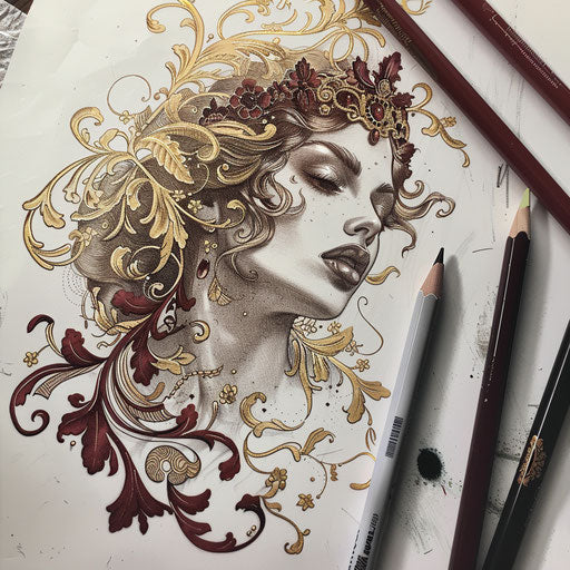 Baroque style tattoo sketch of Aphrodite with gold filigree