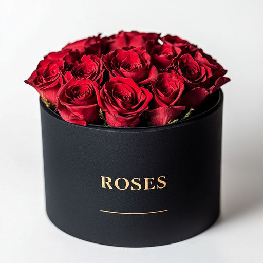 Round black box with red roses and gold logo