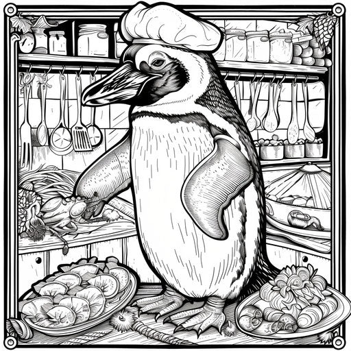A whimsical penguin chef cooking up a seafood feast