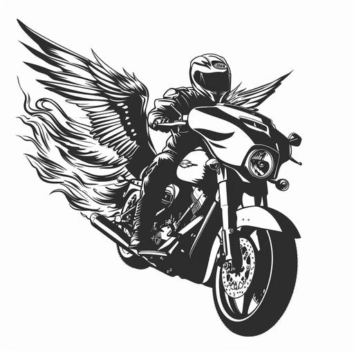Archangel Michael and modern motorcycle on white