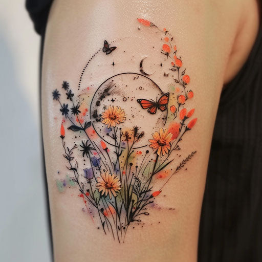 Realistic tattoo sketch of a full moon with wildflowers and butterflies