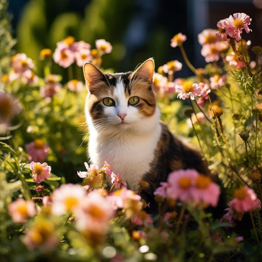 Calico cat in a flower bed with beautiful flowers