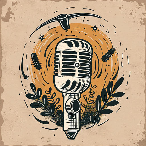 Hand-drawn podcast logo with rustic background and artistic elements