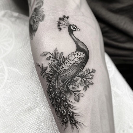 Black and white peacock tattoo, shadows and contrast