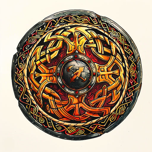 Dynamic tattoo sketch of Baldur's shield, adorned with Norse patterns, in bold reds and golds, styled in clipart design