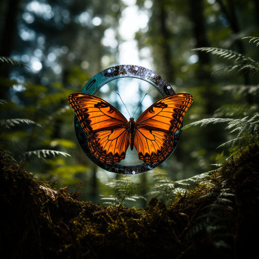 Orange butterfly near forest, infused symbolism