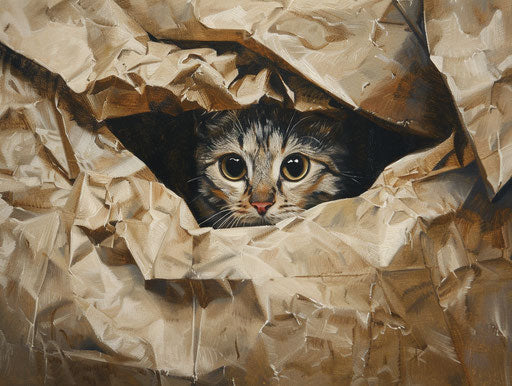 A cat peering out of the brown paper wrapping