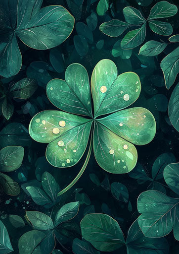 Four-leaf clover with dew drops, luck for St. Patrick's Day