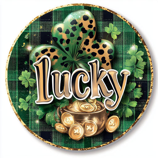 Shiny lucky shamrock with Irish patterns and green plaid fabric