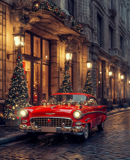 Vintage red car decorated for Christmas outside the hotel