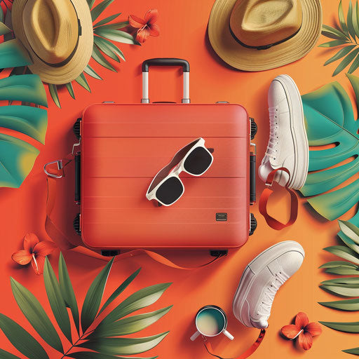 Realistic travel clipart on flat, vibrant coral background